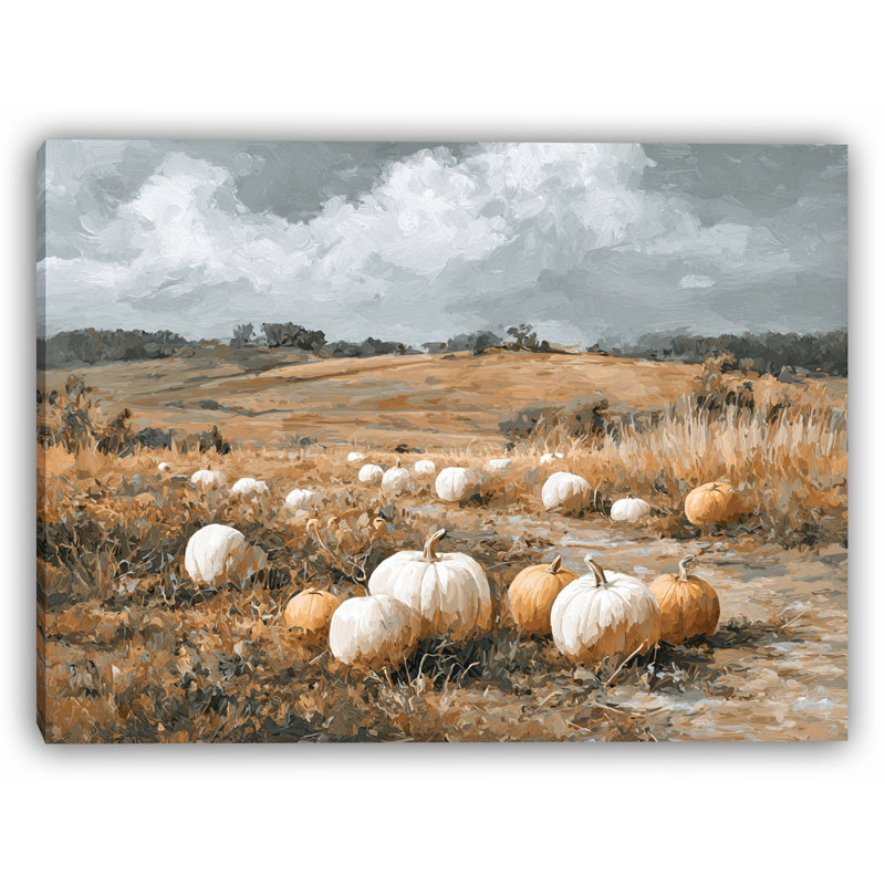 Art mural en toile blanche avec citrouilles blanches sous un ciel gris