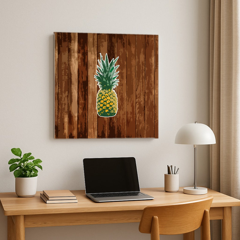 Ananas sur bois — Décoration murale carrée en métal, 16" H x 16" W