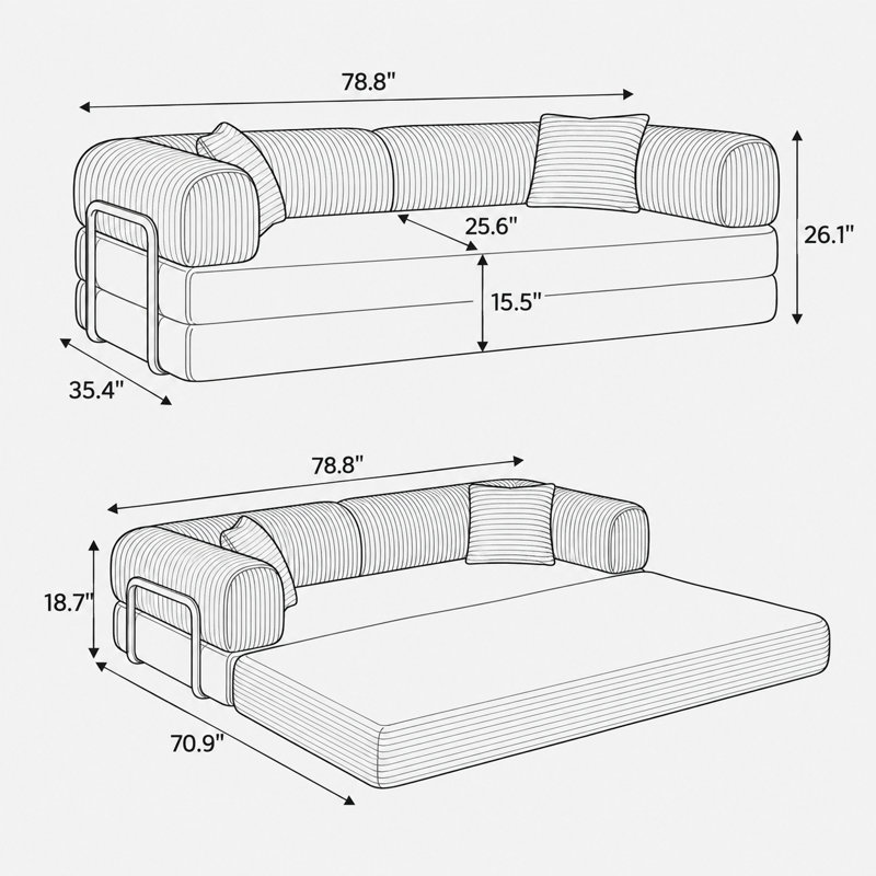 Canapé-lit convertible de 200 cm (78,8 po) avec compression, sectionnel modulaire sans armature, dossier et accoudoirs rembourrés, canapé-lit confortable en tissu velours côtelé pour salon ou chambre, noir.