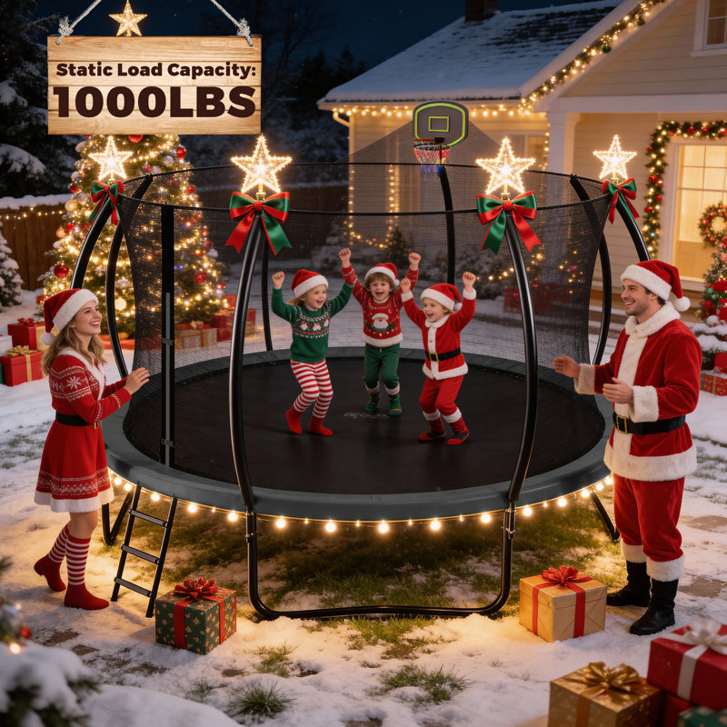 FIZITI 12FT Round Backyard Trampoline with Safety Enclosure, Basketball Hoop, Sprinkler, Lights,Outdoor Recreational Trampoline