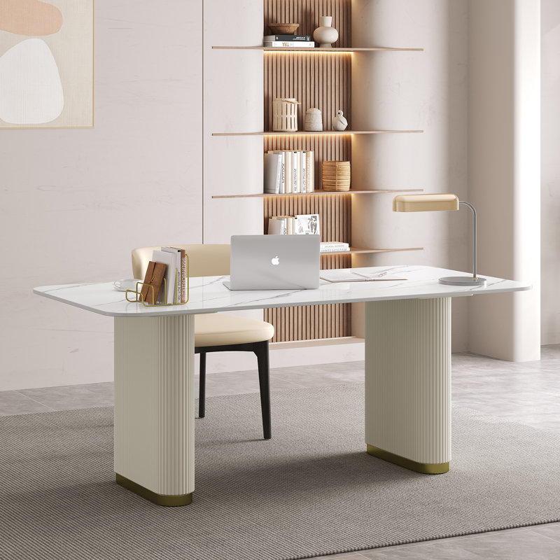 63'' Modern Simple Executive Computer Desk With Sintered Stone Top, Modern Computer Table With Fluted Legs & Gold Accents For Home Office Study