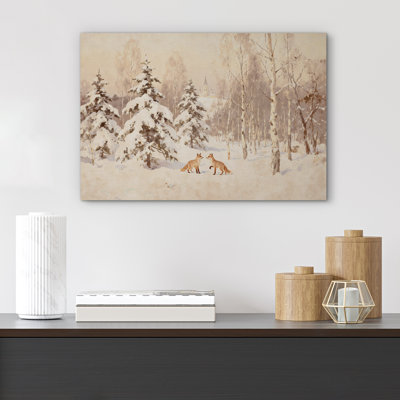 Winter Snowy Forest with Red Foxes and Distant Church Landscape Print Pictures Frame Canvas Print Wall Art