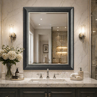 28x34 Black with Silver Pewter Beveled Wall Mirror with Wide Frame for Bathroom Vanity, Entryway, Hallway, Living Room