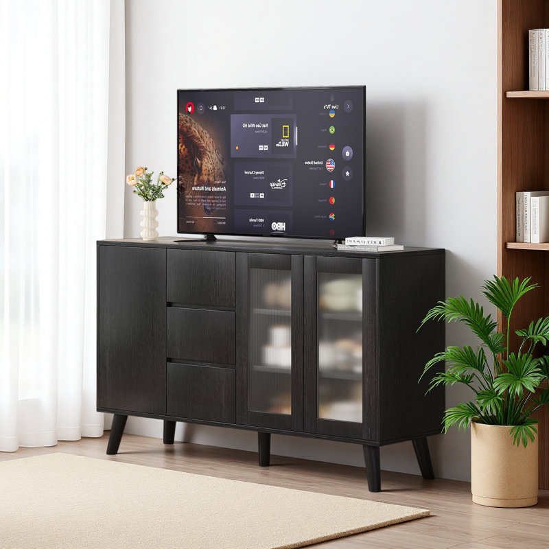 Bar à café 55,5 po avec 3 tiroirs et portes escamotables, grand buffet rustique pour la salle à manger, la cuisine, le couloir et le salon