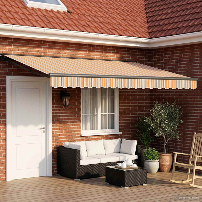 VidaXL Polyester Cover Retractable Patio Awning, 165cm H x 400cm W x 350cm D, Orange/Grey/Blue