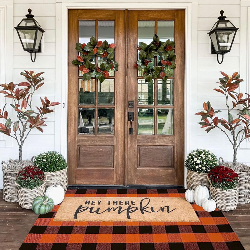 Plaid Thanksgiving Doormat, Orange and Black Plaid