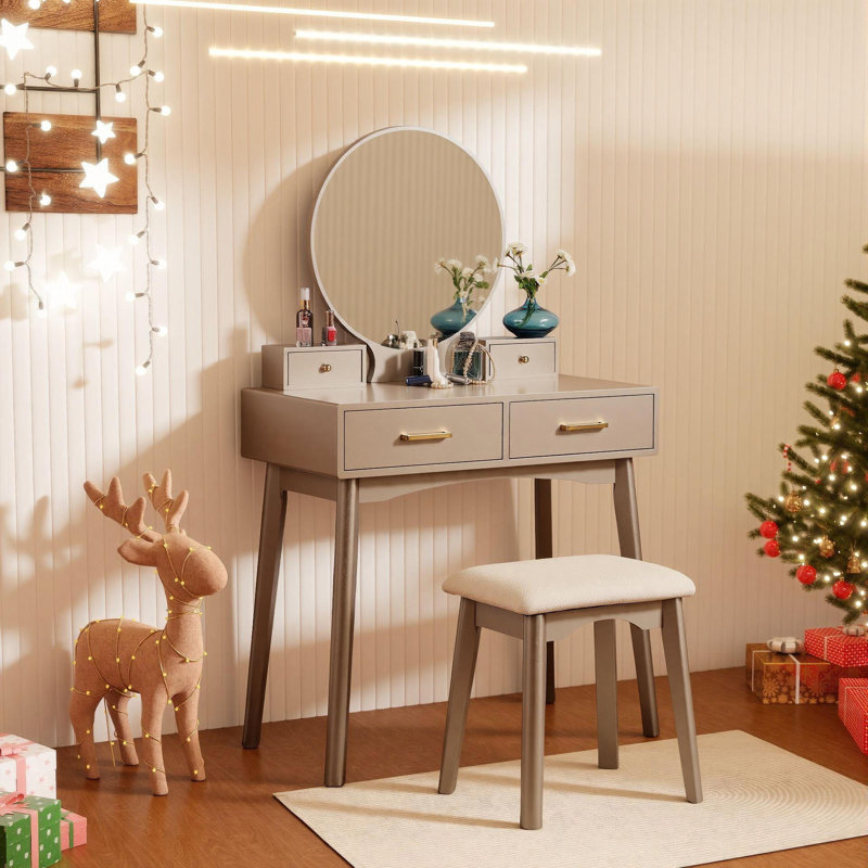Wood Vanity and Stool Set, Gold