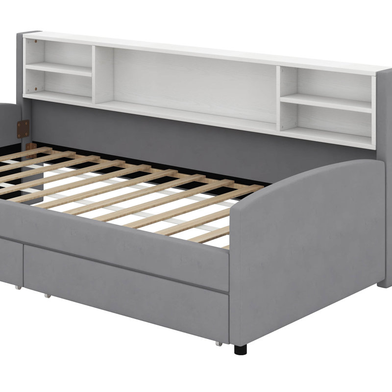 Lit plateforme simple tapissier avec tiroirs, Gris