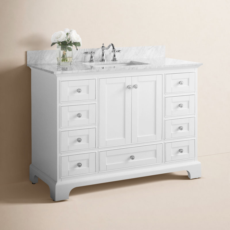 Audrey 48'' W Single Vanity, Carrara White Marble, White/Brushed Nickel