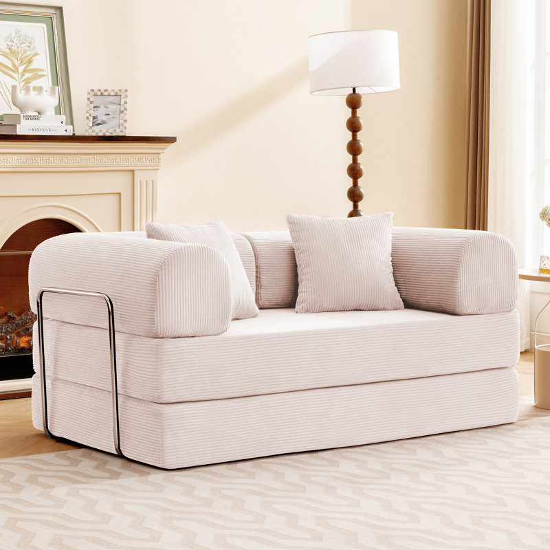 Canapé-lit en velours côtelé Adonia, Beige, H 26,8 po x l 63 po x P 35,5 po
