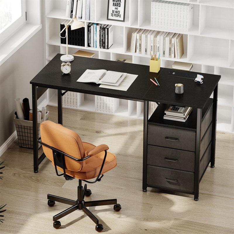Metal Base Computer Desk with Power Outlet, Black