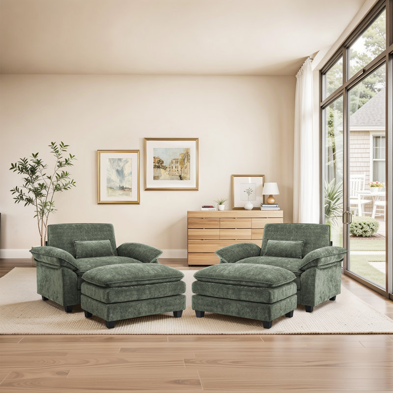 Chaise d'appoint rembourrée très large avec repose-pieds rectangulaire (ensemble de 2), Vert grisâtre
