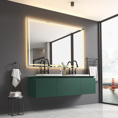 Miroir de salle de bain 84 po x 48 po à DEL avec façade et rétroéclairage, miroir de meuble-lavabo mural avec cadre en aluminium, antibuée, mémoire, 3 couleurs, gradation continue
