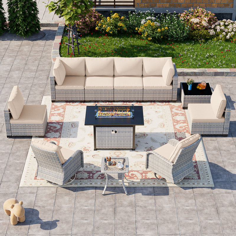 11-Piece Patio Furniture Set, Outdoor Patio Furniture with 55,000 BTU Fire Pit Table, Swivel Chairs Set, Thick Cushions, Modular Patio Sofa, Dual-Strand Wicker Rattan, Rust-Resistant Frame