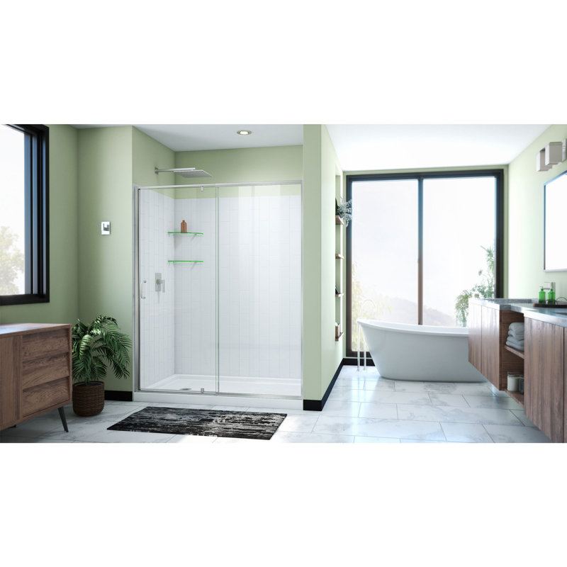 Enceinte de baignoire carrée semi-sans cadre l 60 po x P 32 po x H 78 po Flex avec panneau fixe et base inclus, Nickel brossé