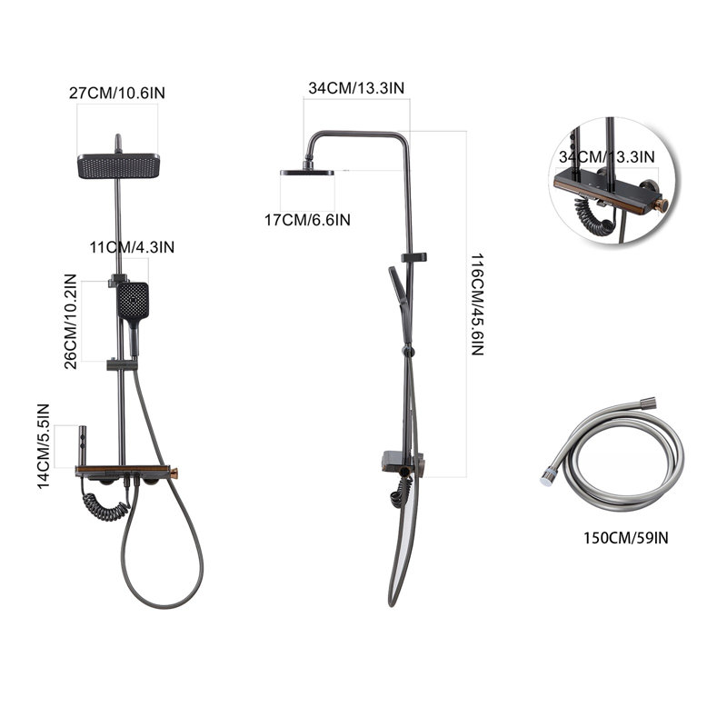 Gun Grey Space Aluminum Shower System, 4-Function Shower Faucet Set with 13" Square Rain Shower Head & Handheld Sprayer for Bathroom