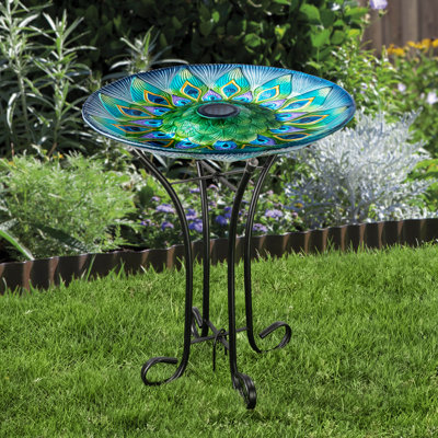 Bain d'oiseaux en verre 17,8 po avec éclairage solaire Sirko Teamson Home