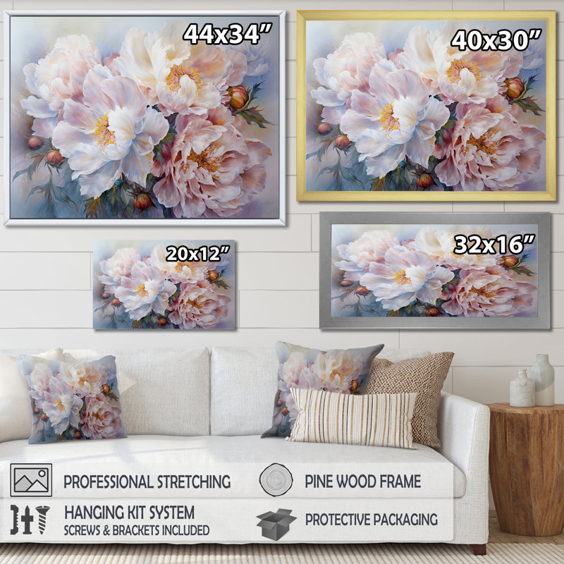 Reproduction d'art sur toile, pivoines roses et blanches, Cadre simple blanc, H 16 po x l 32 po x P 1 po