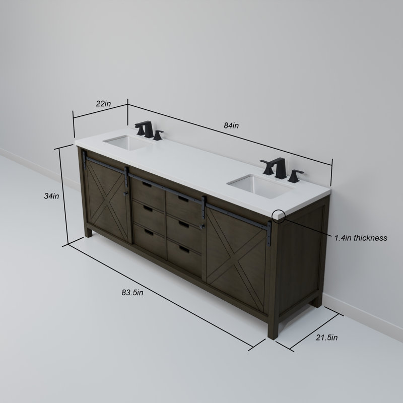 Ensemble de meuble-lavabo double l 84 po x P 22 po et miroirs 34 po Marsyas, Brun rustique, Marbre de culture blanc