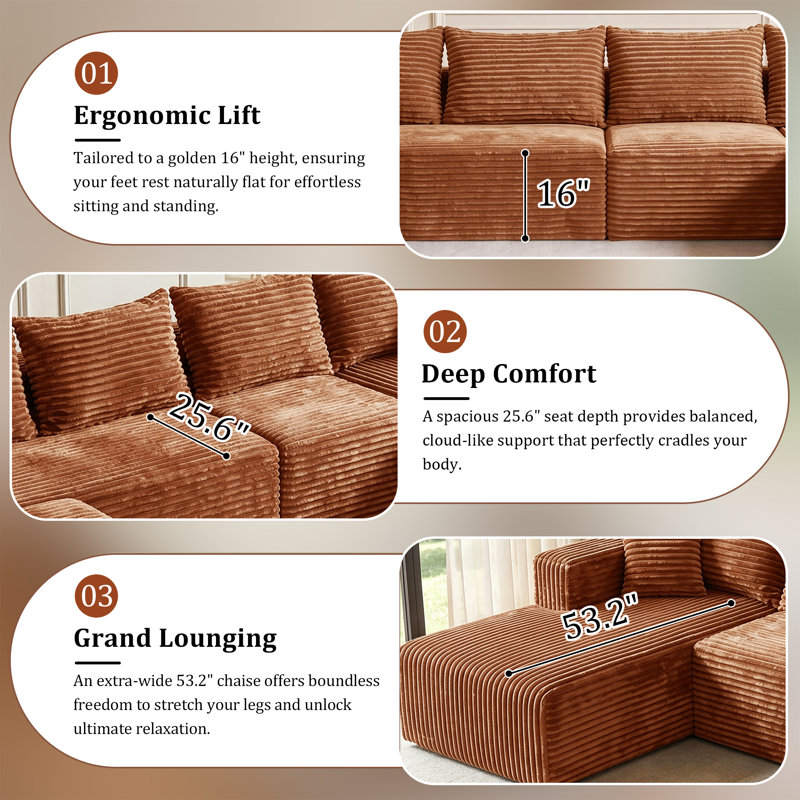 Canapé modulaire en forme de U 118 po en velours côtelé brun caramel, canapé amovible avec méridienne et repose-pieds, Brun