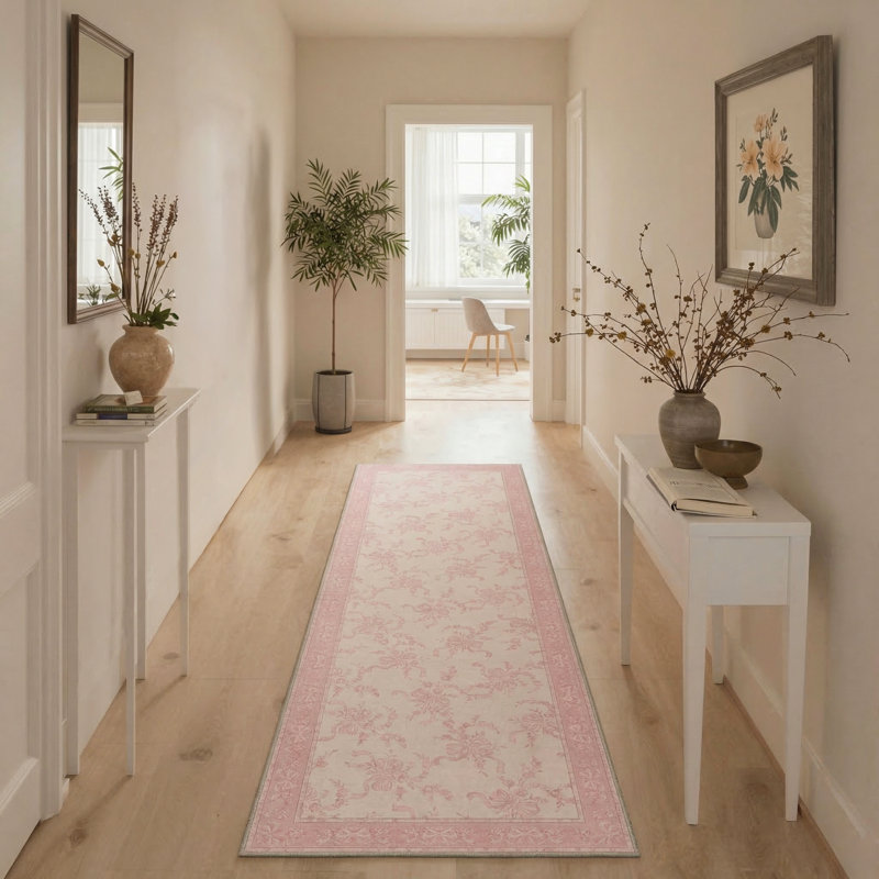 Atascadero Floral Pink Ribbon Bow Machine Washable Pink / Beige Indoor Area Rug with Non-Slip Backing, Runner 2'3" x 6'