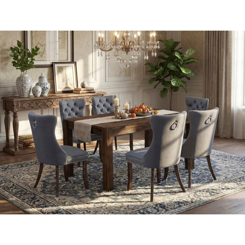 7 Piece Kitchen Table Set Consists of a Rectangle Rustic Wood Dining Table and 6 Polyester Fabric Upholstered Chairs, 36x60 Inch, Distressed Jacobean