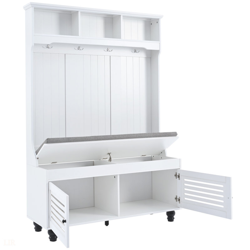 Banc d'entrée 5 en 1 avec portes à volets, portemanteau, coussin et 4 crochets robustes, portemanteau de 47,2 po de largeur pour une vie organisée