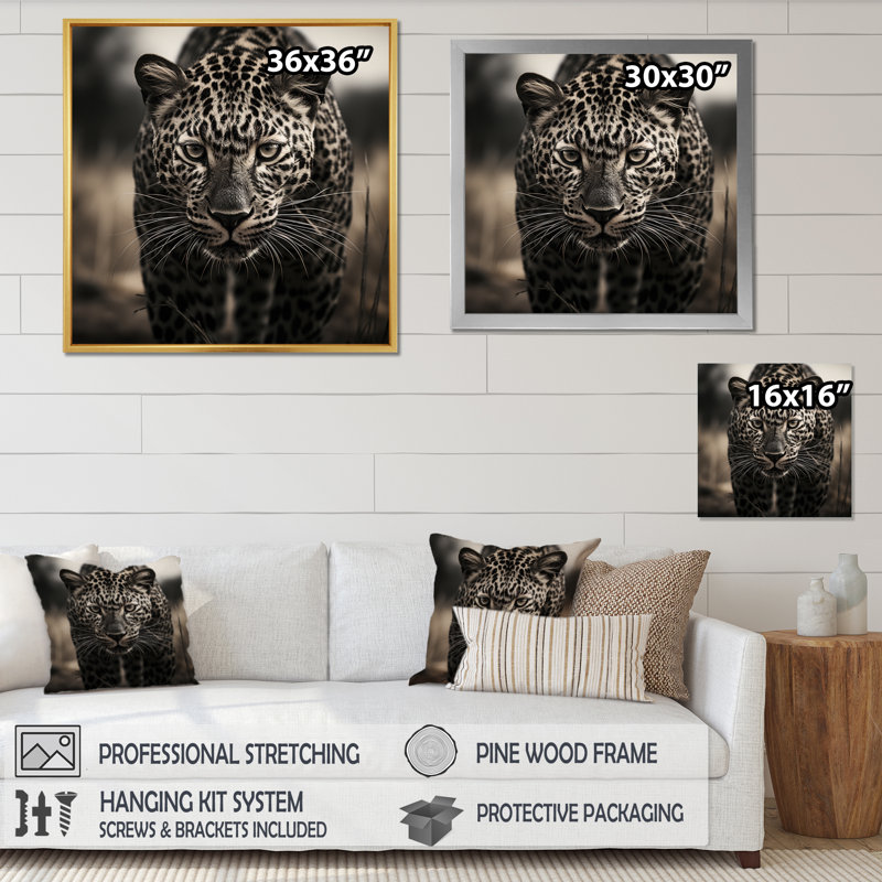 Portrait d'un léopard africain sur toile, H 16 po x l 16 po x P 1 po, Cadre flottant noir