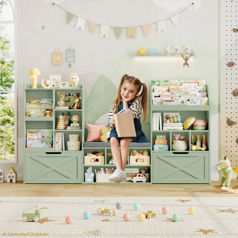 74.6"W Wood Kids Bookcase With 2 Drawers, Seat Cushion And Reading Nook，Toy Organizers And Storage, Green