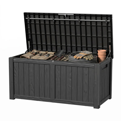 Boîte de rangement d'extérieur 151 gallons, coffre de rangement verrouillable à grain de bois vertical toutes saisons pour le patio, la piscine et la cour arrière