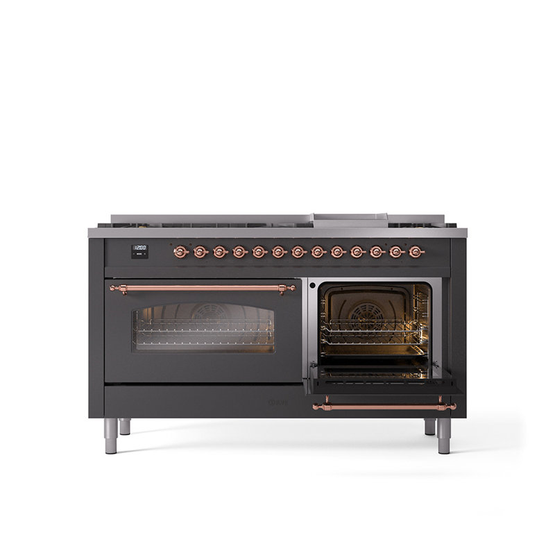 ILVE Nostalgie II 60 Dual Fuel Range, 9 Burners, Griddle, Graphite Matte/Copper, Natural Gas
