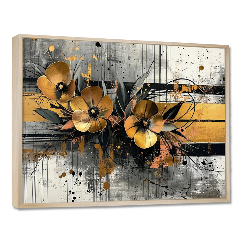 Toile dorée tropicale, danse des coquelicots IV - coquelicots, H 16 po x l 32 po, Floater Framed, Brun