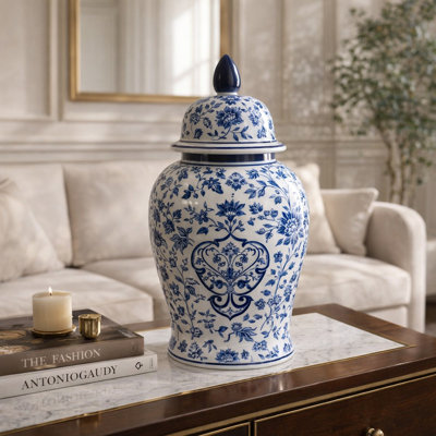 Pot Jimerso avec motif floral bleu et blanc et couvercle amovible 