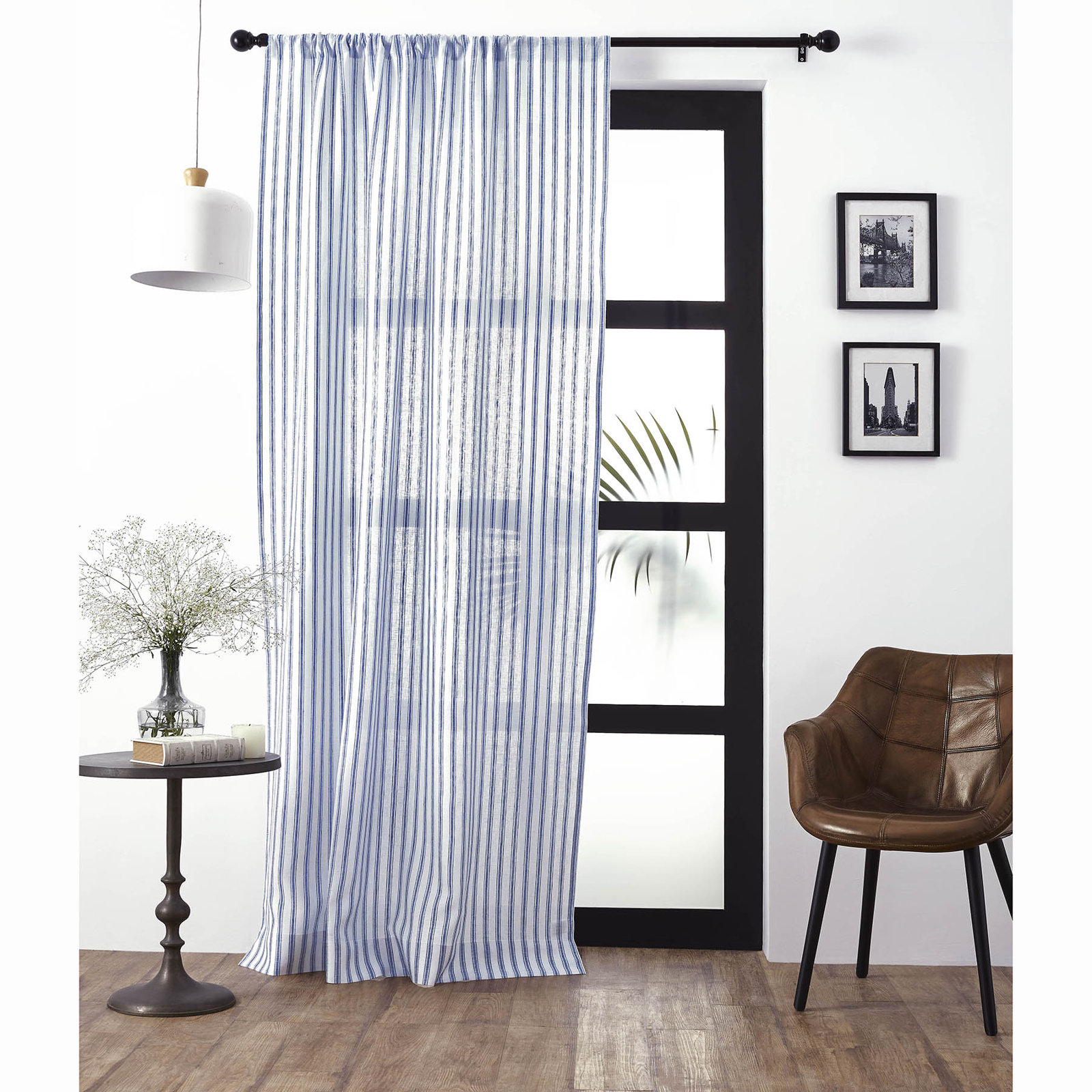 Capri Ticking Stripe - 100% Pure Linen Curtain, 52" W x 108" L, Navy and White