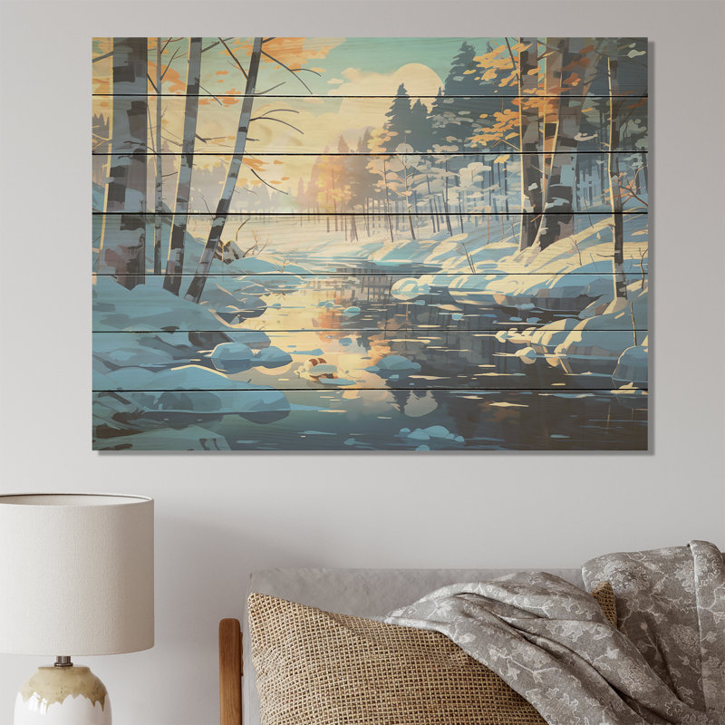 Snowy Winter Landscape River Sunrise - Paysage d'hiver sur bois, H 10 po x l 20 po x P 0,78 po