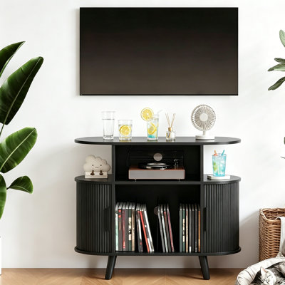 35'' Round Record Player Cabinet Fluted Mid Century Modern Turntable Cabinet, Large Round Record Player Stand with Charging Station and Display Shelf, Arched Wood Record Player Table for Living Room.