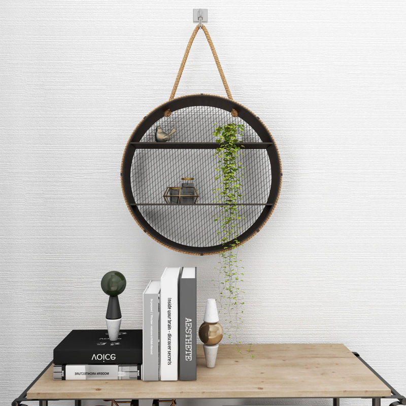 Hysell Metal Round 2 Shelves Black Wall Shelf with Hanging Rope