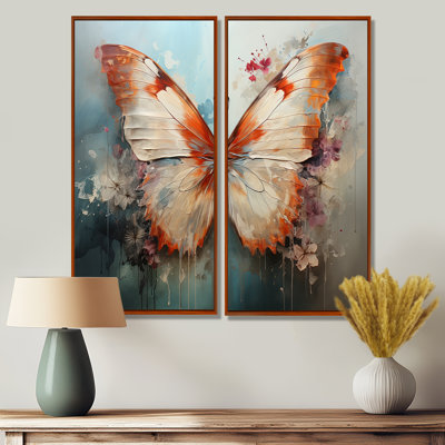 Orange White Butterfly Butterflys Flight II - Large Butterfly Canvas Wall Art Set Of 2