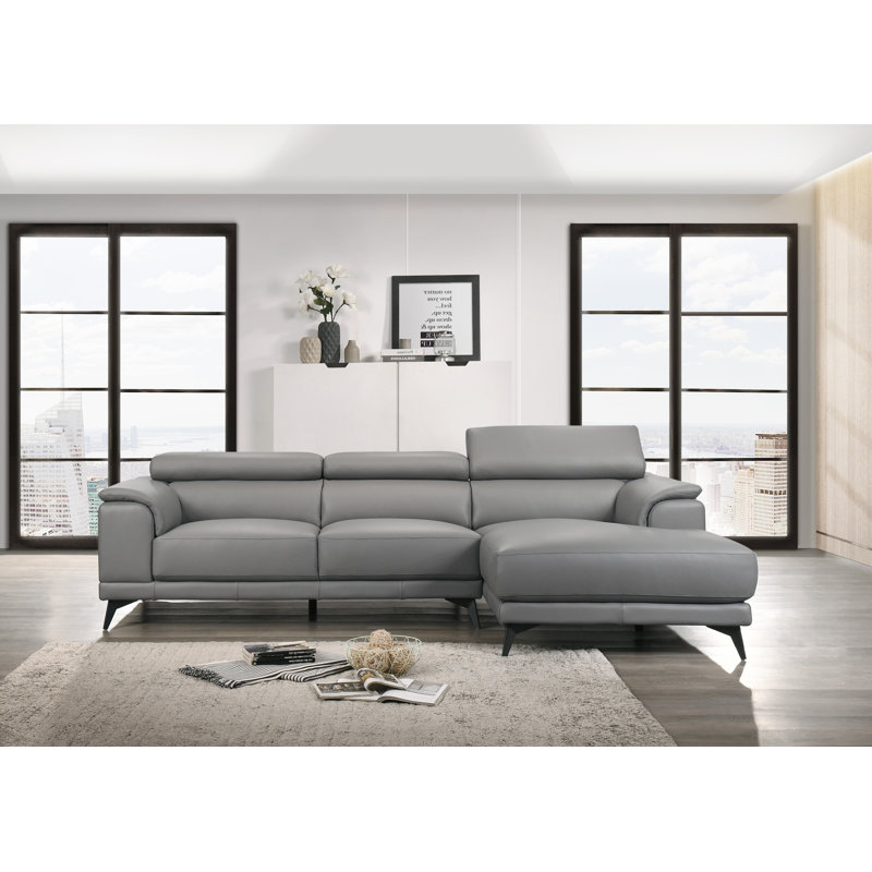 Mahowny Upholstered L-Shaped Sectional, Right Hand Facing, Smooky Gray Genuine Leather
