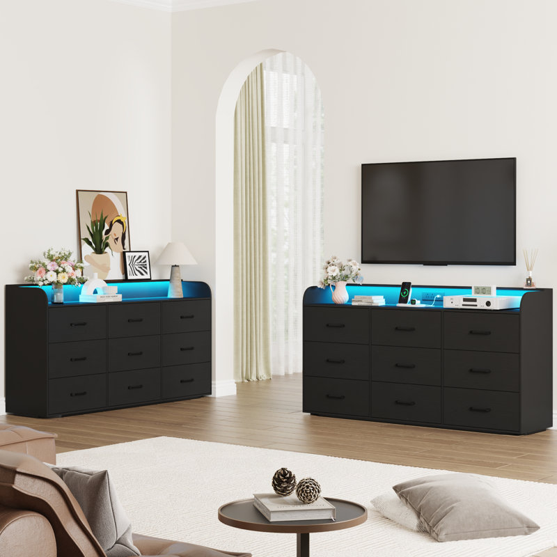 63" Modern 9-Drawer Oak Dresser With Led Light & Power Outlet – Wide Storage Chest With Metal Handles For Bedroom, Living Room, Or Entryway Organization