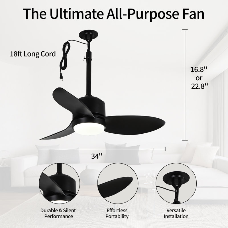 SUTEFAN 34'' Outdoor Ceiling Fan with Dimmable 3-Color LED Light, IP65 Waterproof for Patios Gazebos,Quiet DC Motor with 6 Speeds and Reversible Function, Remote Control for Patios, Industrial Style