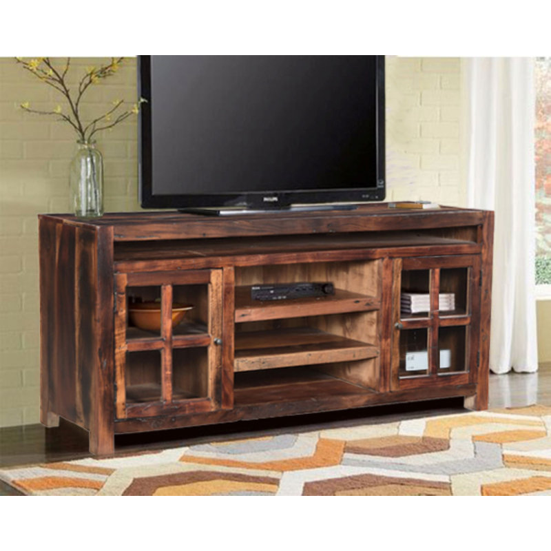 Meuble audio-vidéo en bois de manguier massif récupéré Pacey - console de divertissement à 4 portes avec panneaux de verre 