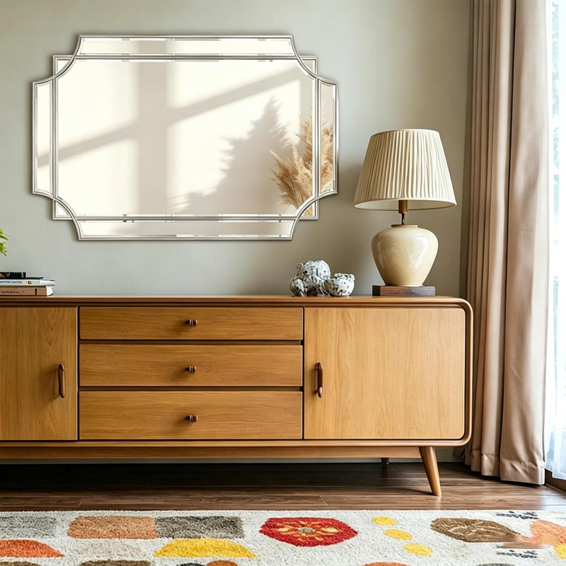 Miroir géométrique biseauté 36 "x24" avec cadre en bois argenté