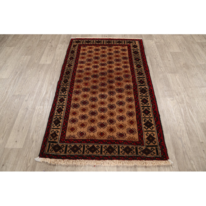 Tapis décoratif en laine de conception unique noué à la main New Age Balouch rouge/jaune 3 pi 2 po x 5 pi 3 po