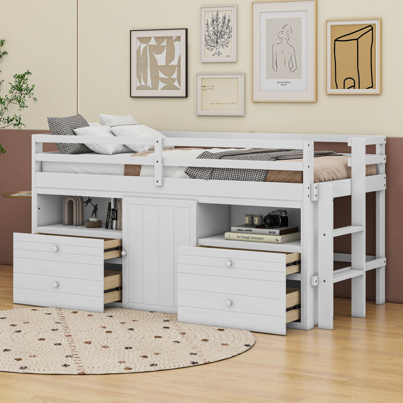 Twin Size Loft Bed with 4 Drawers, Underneath Cabinet and Shelves, White