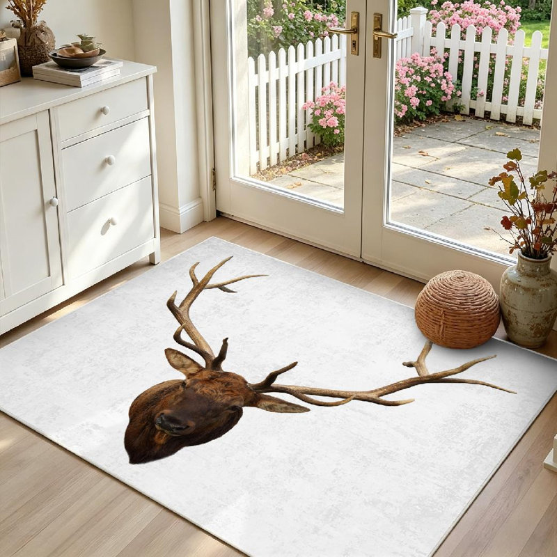 Tapis d'intérieur blanc lavable à la machine, motif tête de cerf et magnifiques bois, Rectangle 55 po x 79 po