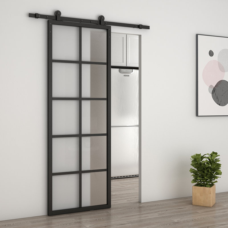 84'' Frosted Glass Black Aluminum Frame Sliding Barn Door