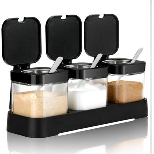 Condiment Jar Spice Container With Lids And Spoons, 8.6Oz Clear Glass Condiment Canisters Pots Seasoning Box Salt Container Sugar Bowl Set Of 3 For Kitchen, Containers