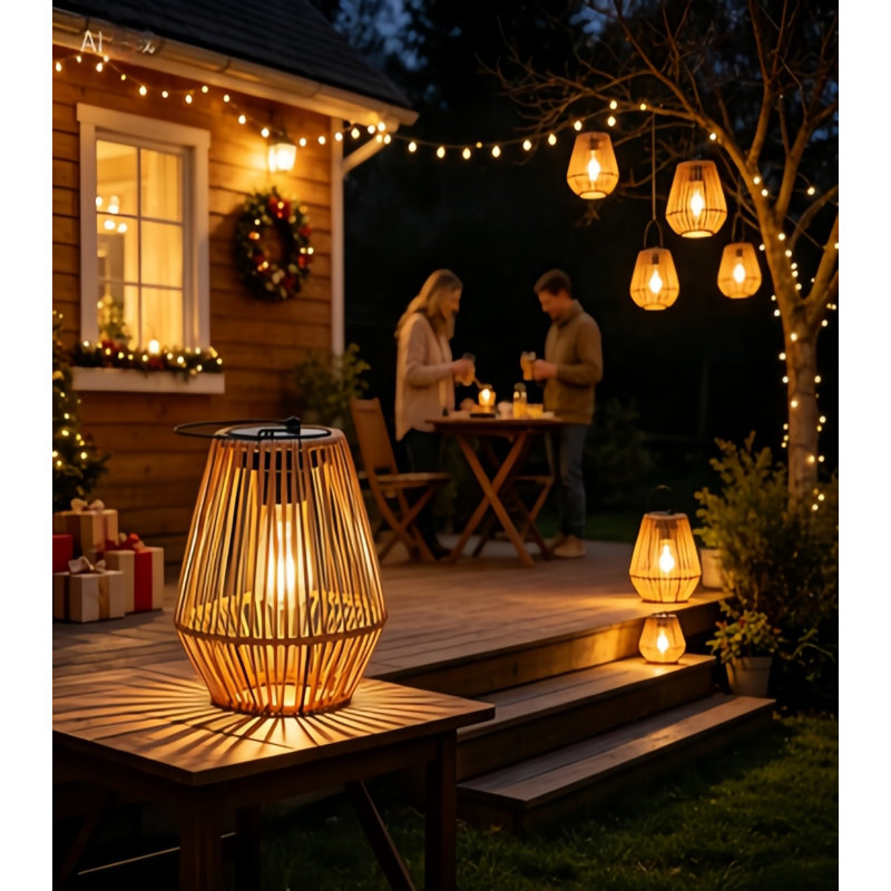 Lanterne solaire en rotin solaire, lumières décoratives d'extérieur, lueur ambiante blanche chaude et imperméable, éclairage automatique du crépuscule à l'aube pour le jardin, le patio, le porche et la décoration extérieure