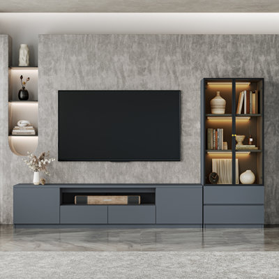 Crafton Modern 102.4'' Gray Entertainment Center TV Stand With Bookshelves For 55/58/65/75 Inch TV, Wood Storage Living Room Cabinet Set Includes Media Console Table And Lights Glass Display China Shelves